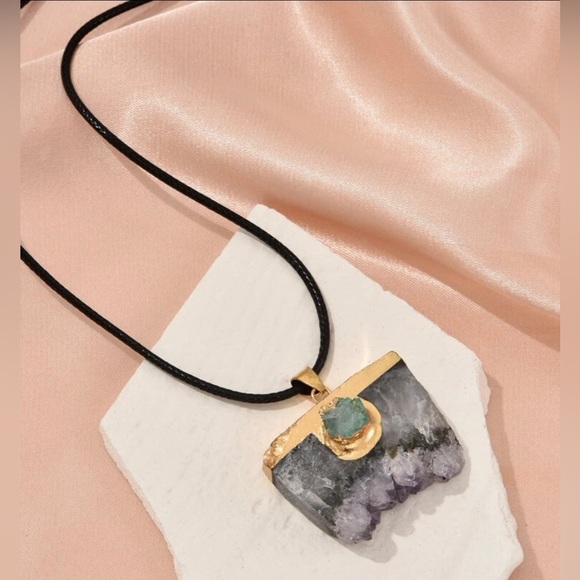 Amethyst Cluster Gold Dipped Square Geometric Aqua Sugar Quartz Crystal Necklace - Picture 3 of 5